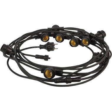 Ghirlanda Luminoasa, IP44, 10M, Interconectabila x4 max pina la 40m, 10 Fasung E27 Plus 5 Dopuri, Cablu 2 x 0,75 H05RN-F, Fisa Schuko Euro, 2P, 16A, Max 25W pe Bec, Fara Becuri, Negru, Fanton, Italia