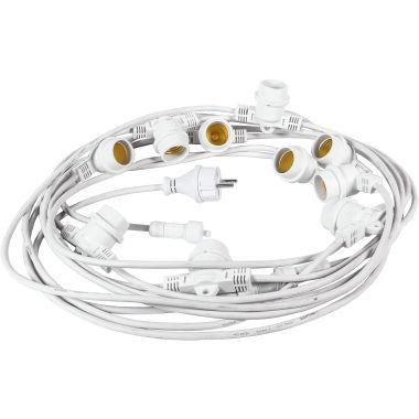 Ghirlanda Luminoasa, IP44, 10M, Interconectabila x4 max pina la 40m, 10 Fasung E27 Plus 5 Dopuri, Cablu 2 x 0, 75 H05RN-F, Fisa Schuko Euro, 2P, 16A, Max 25W pe Bec, Fara Becuri, Alb, Fanton, Italia
