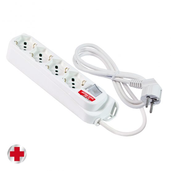 Prelungitor 4 prize, Standart Italian P40 (dual-size) / Schuko, 2P+E, 10/16A, Cablu 1.5m, 3G1 H05VV-F, Intrerupator LED, Alb, Linia OMEGA, Fanton Italia