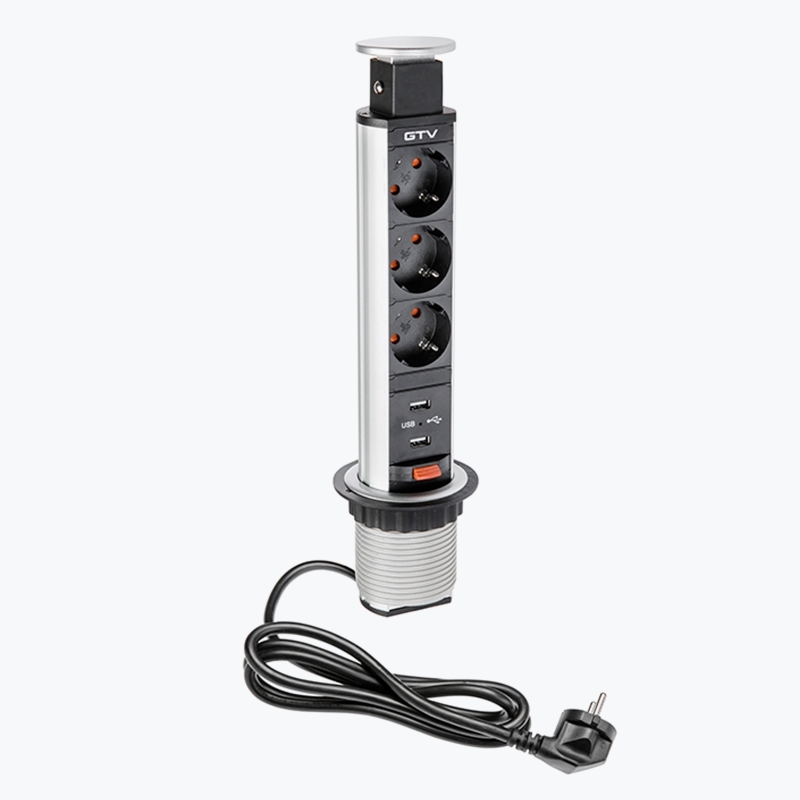 Priză incastrabilă în mobilier 3 prize + 2 USB 5V 2.1A gri cablu 1.5