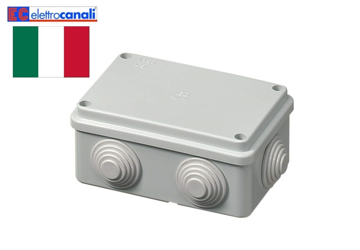 Doza, Cutie de Derivatie, 120x80x50mm, Montaj Aplicat, Cu 6 Intrari, Montarea Capacului ( Cu Suruburi), Autostingere, Halogen Free, IP55, Gri, 400V, EC400C4R Elettrocanali Italia