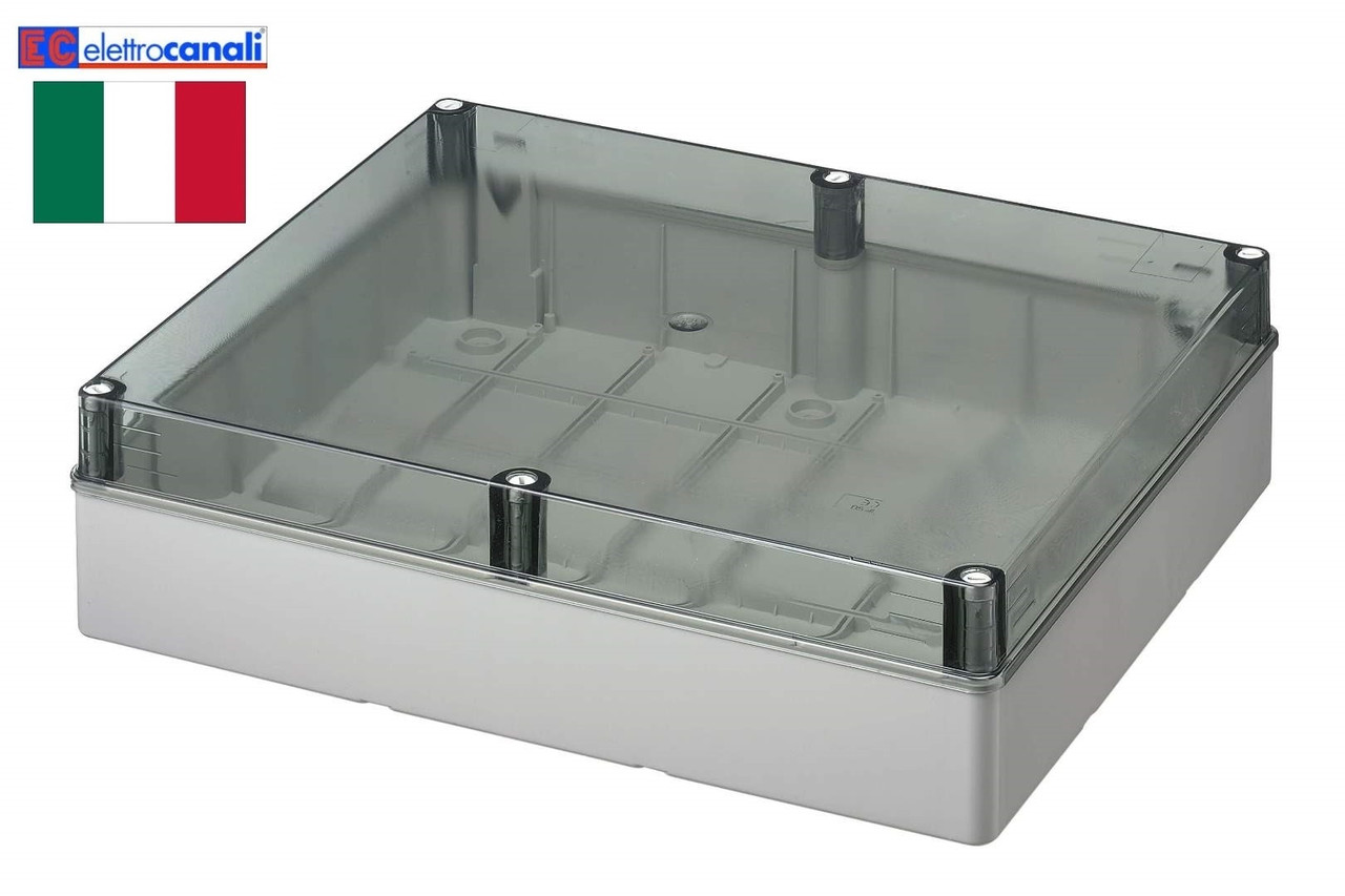 Doza, Cutie de Derivatie, IP56, Montaj Aplicat, Peretii Fara Gauri Predefinite, Capac Transparent, Montarea Capacului ( Cu Suruburi), Gri, 400V, Extra LARGE 460X380X120mm, EC420C10 Elettrocanali Italia
