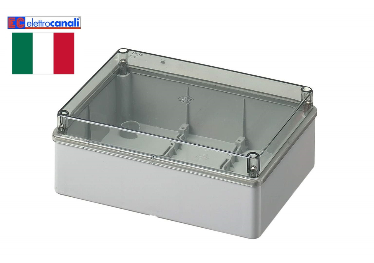 Doza, Cutie de Derivatie, IP56, Montaj Aplicat, Peretii Fara Gauri Predefinite, Capac Transparent, Montarea Capacului ( Cu Suruburi), Gri, 400V, 190X140X70mm, EC420C6 Elettrocanali Italia