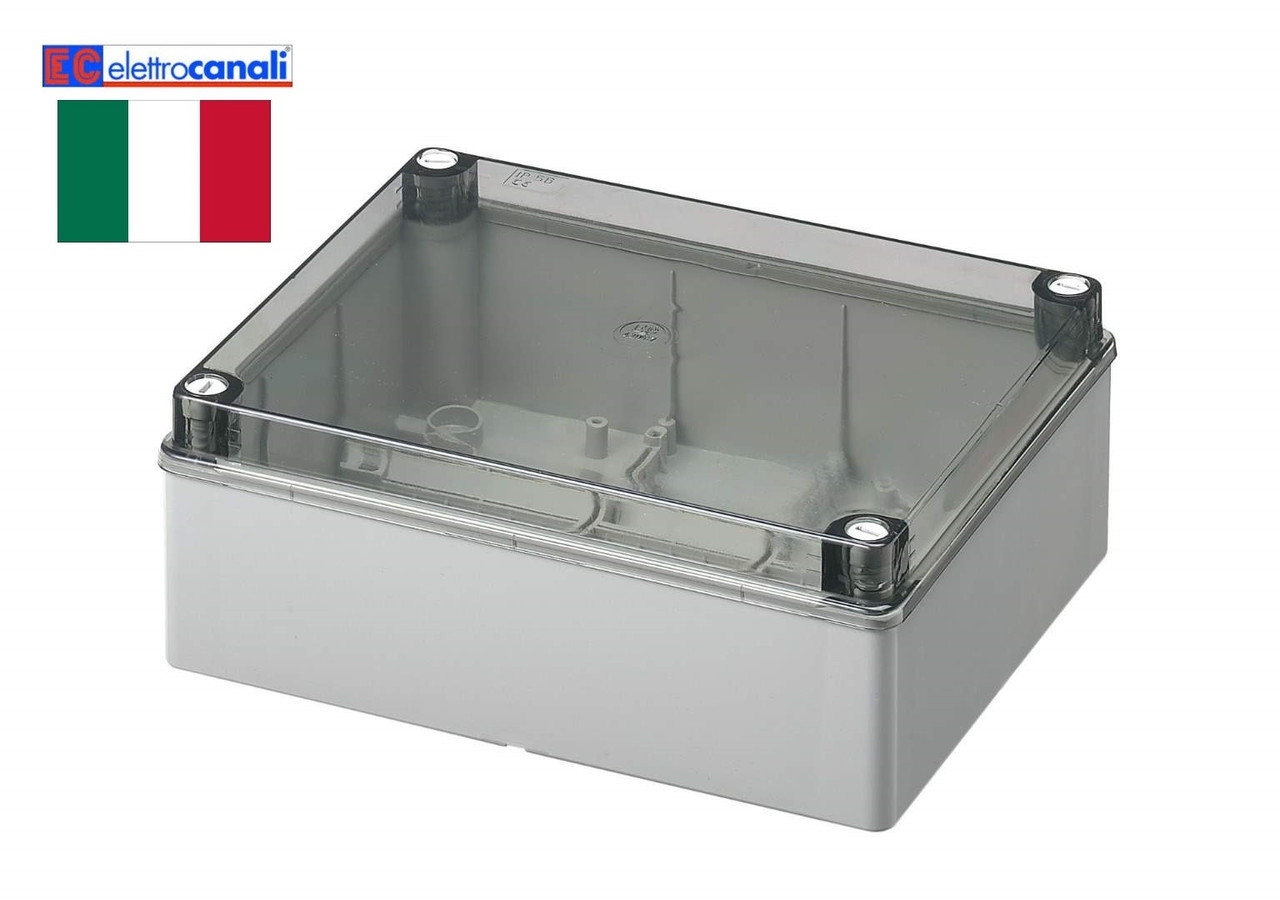 Doza, Cutie de Derivatie, IP56, Montaj Aplicat, Peretii Fara Gauri Predefinite, Capac Transparent, Montarea Capacului ( Cu Suruburi), Gri, 400V, 240X190X90mm, EC420C7 Elettrocanali Italia