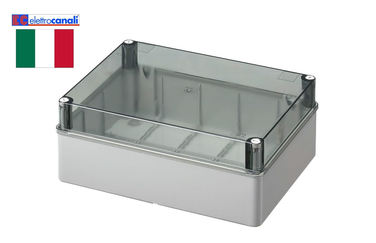 Doza, Cutie de Derivatie, IP56, Montaj Aplicat, Peretii Fara Gauri Predefinite, Capac Transparent, Montarea Capacului ( Cu Suruburi), Gri, 400V, LARGE 300X220X120mm, EC420C8 Elettrocanali Italia