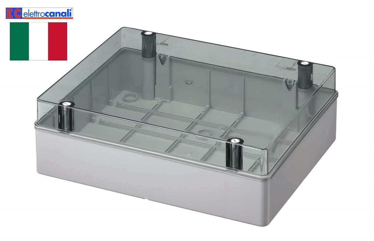 Doza, Cutie de Derivatie, IP56, Montaj Aplicat, Peretii Fara Gauri Predefinite, Capac Transparent, Montarea Capacului ( Cu Suruburi), Gri, 400V, Extra LARGE 380X300X120mm, EC420C9 Elettrocanali Italia
