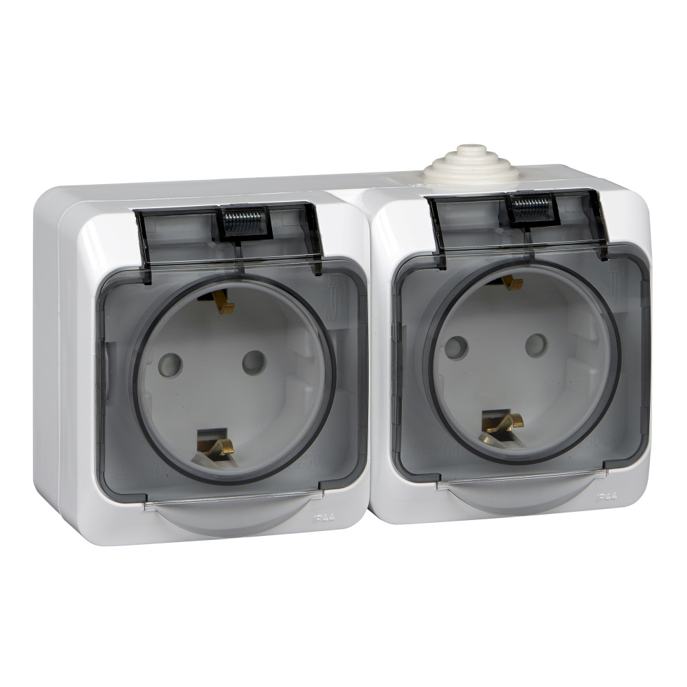 PRIZĂ EXTERIOR DUBLĂ CU CĂPAC 2P+E 16A 250V ALB