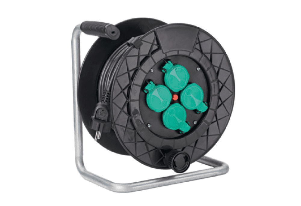 Prelungitor pe tambur 25M, Disc din Plastic Ø260mm, Cablul 3 x 1, 5 mm² H05VV-F, Discul Central Ø145mm Cu 4 Prize Schuko 2P+E, 16A, IP44, Max 3100W, Cu Capac, Cu Termosiguranta, Fanton Italia