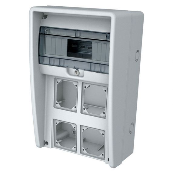 Tablou Electric ULISSE 250, IP65, Neechipat 12 Module, Sina Din, Capac din Plastic Transparent, 4 Spatii Pentru Prize 75x85 mm+2 Placi Oarbe, Max 16A, Dimensiuni 250x403x177 mm, Fanton