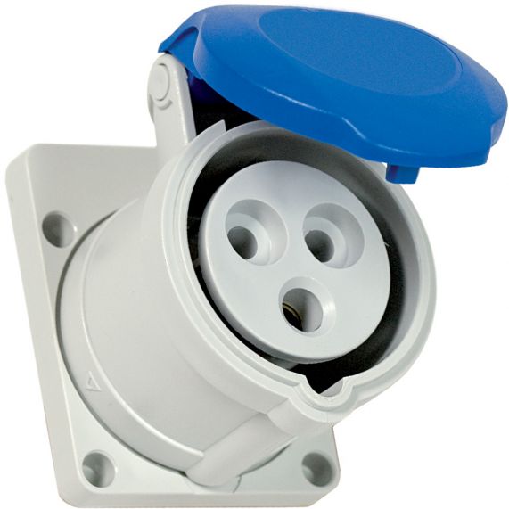 Priza industriala dreapta, Flansa de Marime Redusa, IP44, 2P+E, 16A, Montaj Incastrat, AC 200-250V, 6h, Gri / Albastru, 53x65mm, Fanton