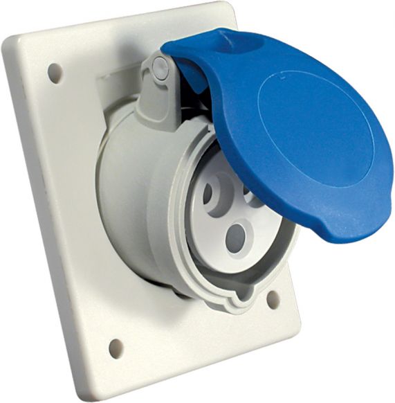 Priza industriala Inclinata, IP44, 2P+E, 16A, Montaj Incastrat, AC 200-250V, 6h, Gri / Albastru, 90x100 mm, Fanton