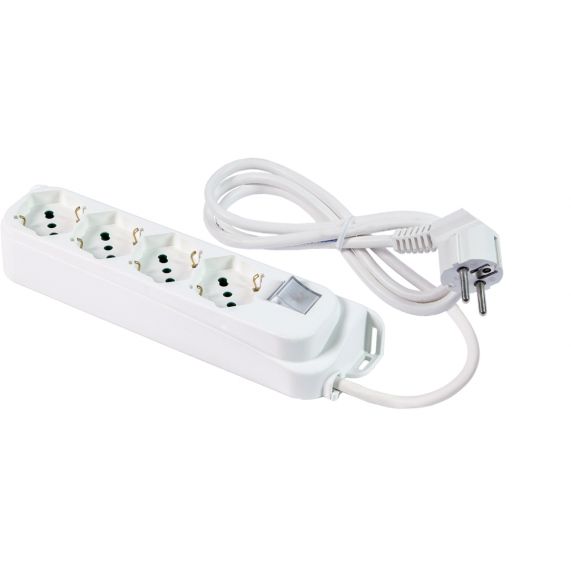 Prelungitor 4 prize, Standart Italian P40 (dual-size) / Schuko, 2P+E, 10/16A, Cablu 3m, 3G1 H05VV-F, Intrerupator LED, Alb, Linia OMEGA, Fanton Italia
