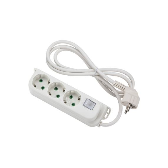 Prelungitor 3 prize, Standart Italian P40 (dual-size) / Schuko, 2P+E, 10/16A, Cablu 3m, 3G1 H05VV-F, Intrerupator LED, Alb, Linia OMEGA, Fanton Italia