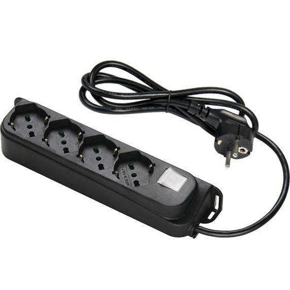 Prelungitor 4 prize, Standart Italian P40 (dual-size) / Schuko, 2P+E, 10/16A, Cablu 3m, 3G1 H05VV-F, Intrerupator LED, Negru, Linia OMEGA, Fanton Italia