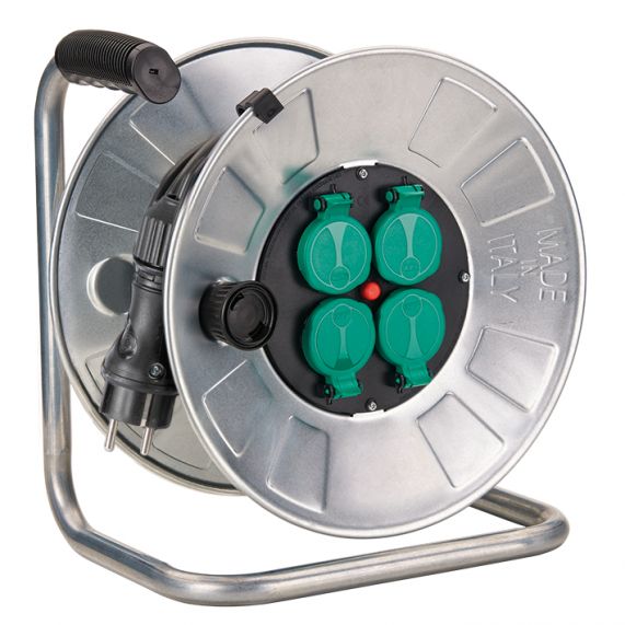 Prelungitor pe tambur 25M, Disc Otel Zincat Ø320mm, Cablul 3 x 1, 5 mm² H05VV-F, Discul Central Ø205mm Cu 4 Prize Schuko 2P+T, 16A, IP44, Max 3400W, Cu Capac, Cu Termosiguranta, Fanton Italia