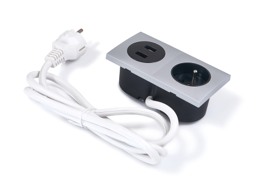 Priză în blat încastrat 1x230V + 2xUSB dublu 16A Silver